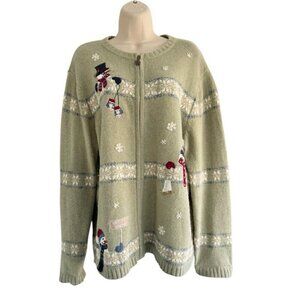 Croft & Barrow Womens Sz XL Vintage Green Full Zip Snowman Christmas Cardigan